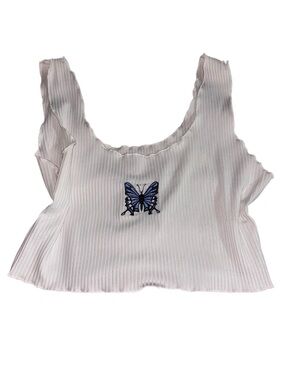 White Ribbed Crop Tank with Blue Butterfly Embroidery